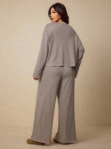 Elaquor Conjunto de 2 piezas de punto a rayas básico para mujer de talla grande, para uso casual y en el hogar - Café integral - Ver 2