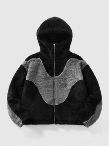 ROMWE MEN Street Life Men's Patchwork Contrast Color Hoodie Long Sleeve Jacket, Loose Fit - Black - View 3