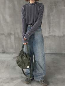 FRIFUL Áo thun nữ cổ lọ tay dài màu tương phản, vải dệt kim có gân, đường khâu tương phản, rộng rãi, thoải mái, đa năng, mùa thu/đông - Xám - Xem 5