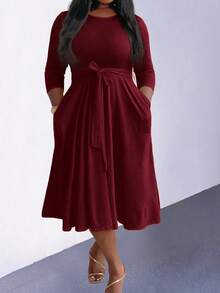 SHEIN Clasi فستان ماكسي للنساء ذو رقبة دائرية وربطة خصر، ملابس نسائية بمقاسات كبيرة