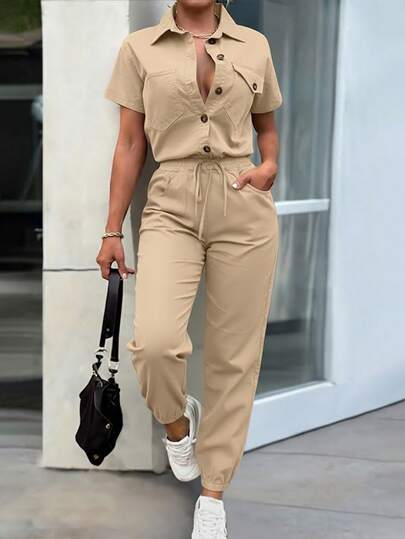 EMERY ROSE Women's Spring/Summer Elegant Button Decor Pocket Loose Top & Tapered Leg Jumpsuit