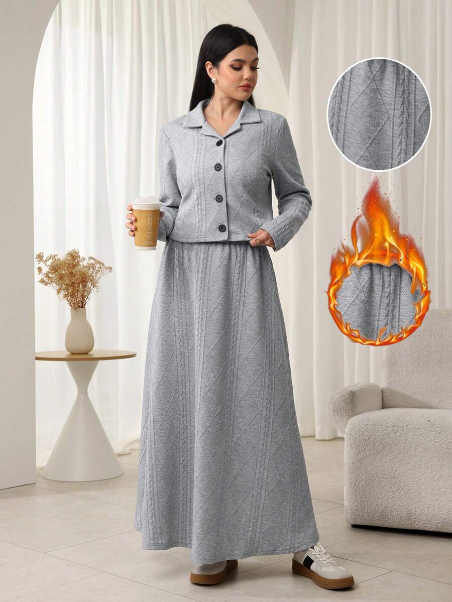 Modelyn 2pcs Women Front Button Long Sleeve Top And Skirt Set, Fashionable For Outings In Autumn/Winter - Light Grey - View 1