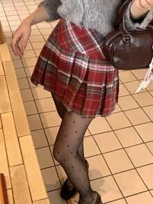 DAZY 女士休闲格子百褶A字裙，优雅风格冬季女裙 - 紅色 - 查看 2