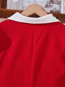 Gaun Remaja Perempuan Bergaya Retro Feminin dengan Kerah Kontras Mutiara dan Hiasan Pita, Lengan Gigot, Pinggang Diikat, dan Hem Mengembang. - Merah - View 4