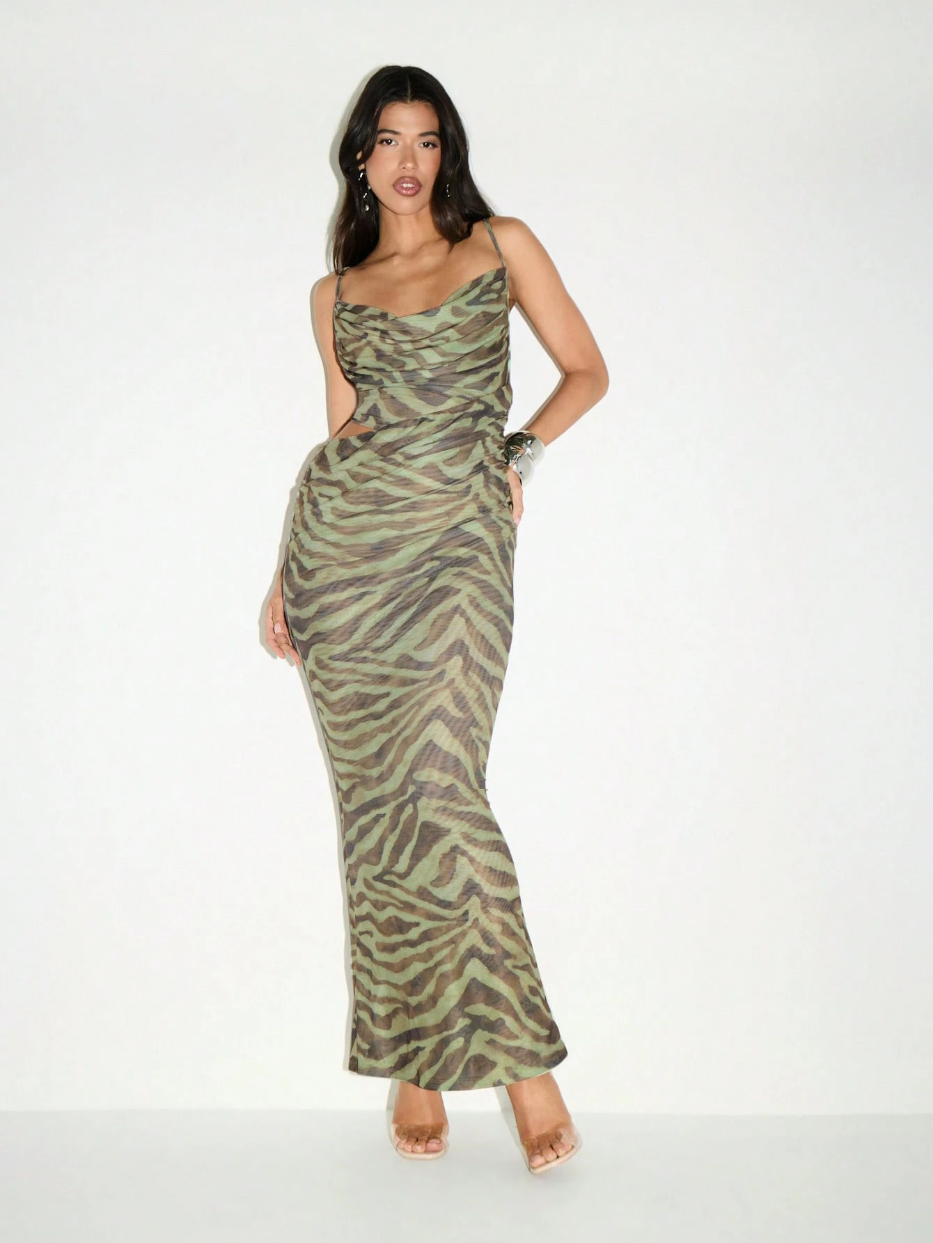 KIZN Mesh Cut Out Maxi Dress With Cowl Neckline