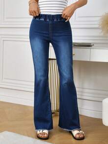 SHEIN LUNE Women's Elastic Waist Navy Blue Frayed Hem Casual Flare Leg Jeans,Bootcut High Waist Wide Leg Summer Everyday Pants Winter New Year - Blue - View 7