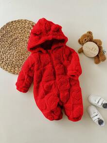 Newborn Baby Girl Cute 3D Ear Fluffy Pink Heart Pattern Zip-Up Hooded Jumpsuit, Autumn/Winter - Red - View 8