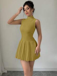 Elenzga 女式秋冬简约纯色高领无袖褶边毛衣裙 - 芥末黃 - 查看 4