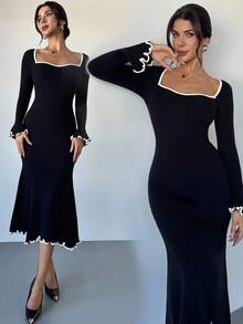 Firerie Women's French Style Black & White Trim Sweetheart Neck Long Sleeve Slim Fit Fishtail Sweater Dress, Fishtail Hem Sweater Dress, Autumn/Winter Clothing, Layering Basic Knitted Sweater Dress, Spring/Autumn/Winter, Elegant, Commute, Casual, Daily, Work Wear - Black - View 2