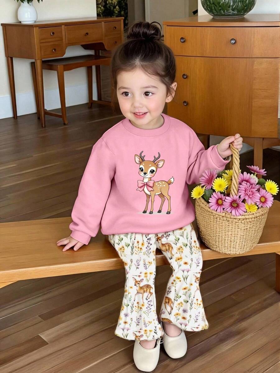 Conjunto informal de niña con sudadera de cuello redondo de punto suave con estampado de ciervos y pantalones acampanados con estampado floral de ciervos, de moda para Navidad, adecuado para otoño/invierno, ligero y cómodo, para volver al colegio, fiestas de vuelta al colegio, adecuado para picnics al aire libre, fotografía callejera, hogar, campus, vacaciones, regalos - Multicolor - Ver 1