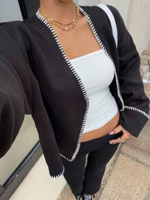 Siren Gaze Women's Overlap V-Neck Long Sleeve Casual Loose Tweed Jacket,Contrast-Edged Blended Wool Coat, Fashionable Street Jacket. In Fall/Winter Black Black - Black - View 6