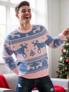 Manfinity Homme Men's Christmas Reindeer Pattern Crew Neck Long Sleeve Casual Sweater, Autumn/Winter - Pink - View 1