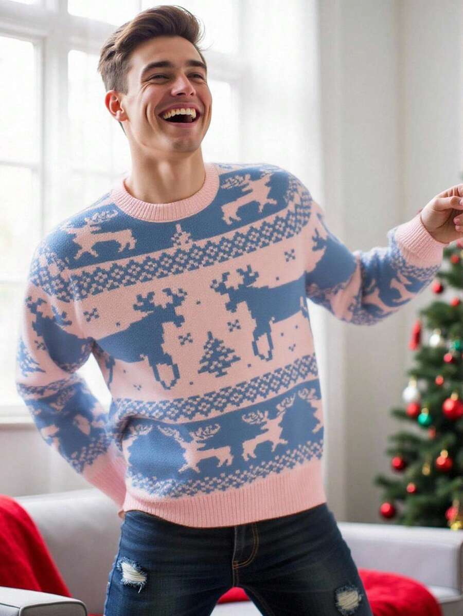 Manfinity Homme Men's Christmas Reindeer Pattern Crew Neck Long Sleeve Casual Sweater, Autumn/Winter - Pink - View 1