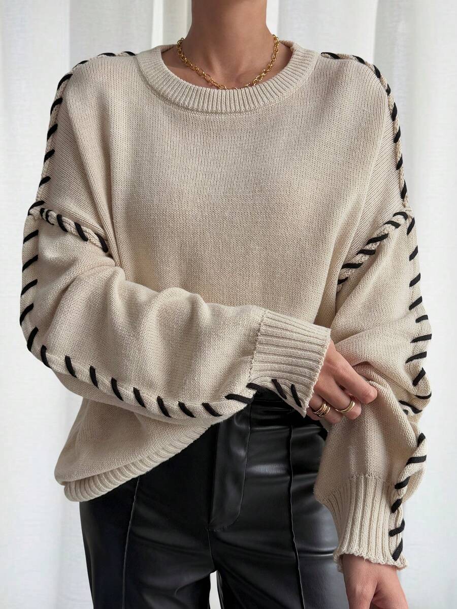 Livesso Women's Casual Loose Fit Drop Shoulder Long Sleeve Sweater, Autumn/Winter - Khaki - View 1