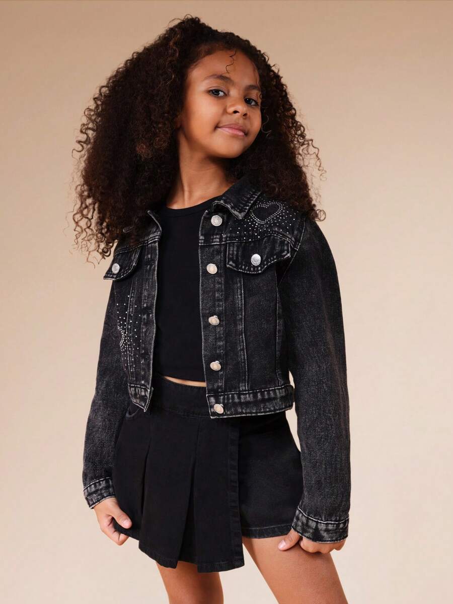SUMWON Rhinestone Embellished Cropped Denim Jacket With Button Front Closure And Chest Pockets - Black - View 1