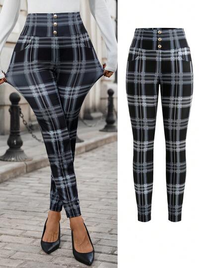 Editum Women's Elegant High Waist Plaid Slim Fit Stretchy Knit Pants, Suitable For Daily Commute And Multiple Occasions, Autumn Thanksgiving Outfit For Women