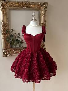 Lovelzi Elegant, Romantic, Fashionable Coffee-Color Satin Strapless Mermaid Dress With 3D Floral Decor And Ruffle Hem, Suitable For Singles Party, Wedding, Graduation, Vacation, Afternoon Tea, Formal Ball - Burgundy - View 5