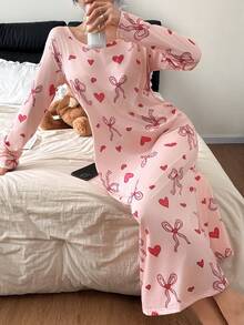 SHEIN 蝴蝶结爱心印花针织宽松长袖睡裙，冬季 - 彩色 - 查看 4