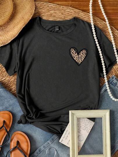 EMERY ROSE Solid Color Minimalist Heart Printed Women T-Shirt Graphic Cheetah Print Tees Women Tops