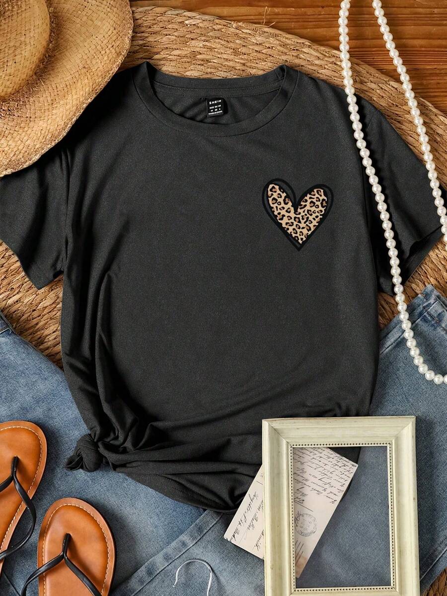 EMERY ROSE Solid Color Minimalist Heart Printed Women T-Shirt Graphic Cheetah Print Tees Women Tops - Dark Grey - View 1