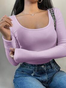 SHEIN BASICS Áo thun nữ cổ tròn tay dài dáng ôm, chất liệu vải giữ nhiệt nâng cấp, lót giữ nhiệt không cồng kềnh, áo thun co giãn ôm vừa vặn cho mùa thu đông - Màu tím - Xem 3