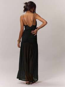 MUSERA Ruched Front Drop Hem Dress Spring Summer Occasion Wedding Deep V Holiday Ibiza Vacation Guest Elegant Birthday Night Out Date Outfit - Black - View 2