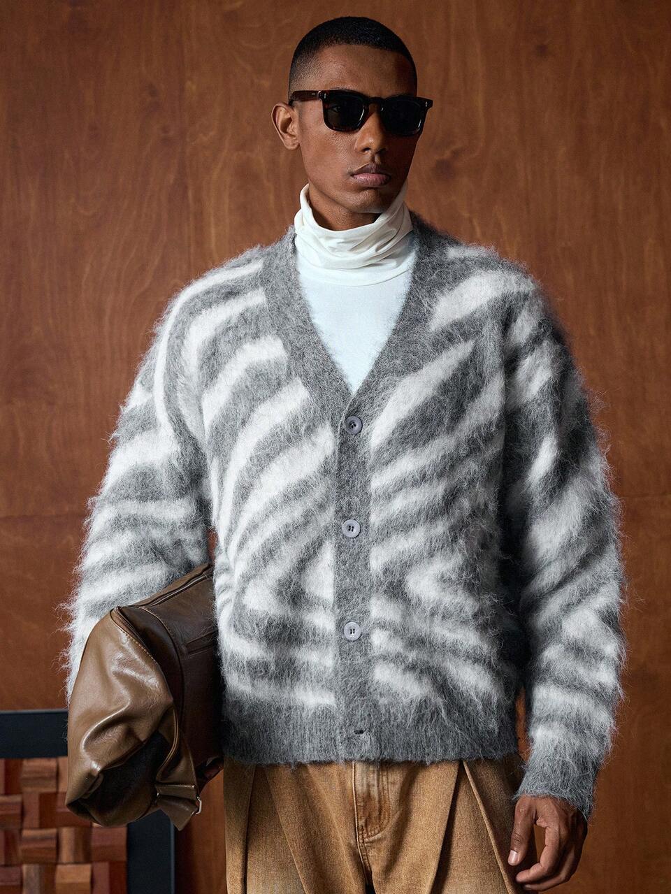 AKNOTIC Brand Men's New Cardigan Sweater - Leopard Fleece - Casual Outerwear - Suitable For Autumn/Winter - Hand Wash Or Dry Clean
