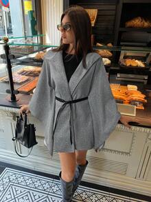 Aloruh Elegant damkappa med hög krage och fladdermusärm, åtsittande midja och ullblandning, höst/vinter - Grå - Visa 3