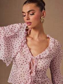SHEIN BAE Áo voan voan tay dài xếp nếp chấm bi màu hồng trơn dành cho nữ, áo chống nắng, áo voan dễ thương ngọt ngào cho đầu xuân - Hồng - Xem 8