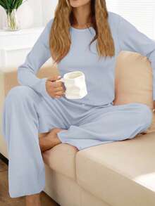 EURMUSE 女士两件套罗纹针织圆领长袖上衣和裤子家居服舒适休闲套装