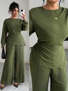 Elenzga Set di camicia verde militare a collo tondo in tessuto grinzoso con vita stretta e pantaloni larghi a vita elastica con tasche, stile vintage francese elegante, minimalista, casual per autunno/inverno, nuovo arrivo per il Ringraziamento, taglie forti - Verde militare - Visualizzare 8