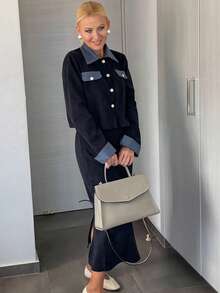 Vivie Lora Women's Elegant Commuter Jacket And Denim Skirt Set - Navy Blue - View 2