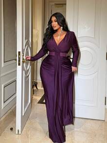 SHEIN PETITE CURVE 大码女士性感深V收腰修身优雅派对迷你连衣裙 - 紫色 - 查看 3