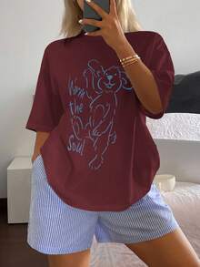 DAZY Cute Puppy Print Loose T-Shirt Top And Striped Shorts Women Pajama Set - Burgundy - View 1