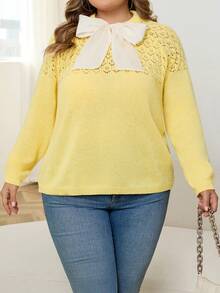 SHEIN CURVE+ Plus Size Women's Round Neck Hollow-Out Knit Top With Sheer Back Bow Decor Plus Size Pullover Sweater, Yellow/Winter - Yellow - View 4
