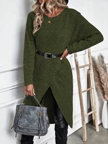 Calvaya Suéter largo de mujer de unicolor con cuello redondo, hombros caídos, manga larga y bajo con abertura, para otoño/invierno