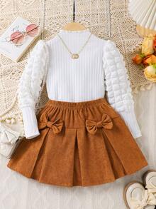 Elladie kids Set de 2 piezas de ropa casual para niñas: Blusa de manga larga con mangas abullonadas en negro + Falda de pana caqui con lazo, estilo dulce y retro, cómodo para uso diario, viajes, escuela, fiestas - Multicolor - Ver 4