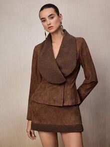 NOVVYNE 女士复古仿麂皮两件套，包括毛领外套和高腰裙，秋冬欧美风 - 棕色 - 查看 3