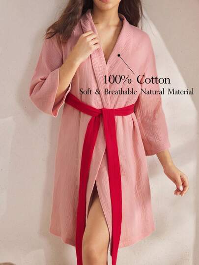 Ocili 舒适天然亚麻色块系腰睡袍女士睡衣，时尚秋季睡眠，秋季