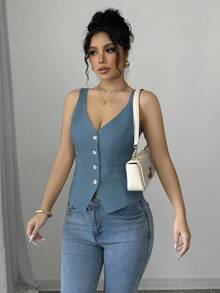 Elenzga Vorne Knopfverschluss Lässig einfarbig Ärmellos Damen Tank Tops - Blau - Übersicht 3