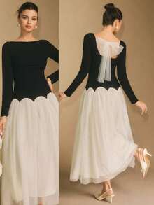 Poéselle Women's Mesh Patchwork Contrast Color Backless Elegant Long Sleeve Dress French Style Dress Women Clothing Elegant Dress Modest White Bow Back Dress Party Dress,Dresses For Women Elegant