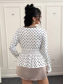 CovetEZ Áo thun nữ tay dài cổ chữ V bèo nhún in họa tiết chấm bi phong cách Pháp lãng mạn, thích hợp cho các buổi hẹn hò, mùa thu/đông - màu nâu - Xem 2