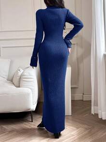 Feyla Váy len ôm dáng cổ lọ xẻ tà màu trơn thanh lịch dành cho nữ - Màu xanh hải quân - Xem 5