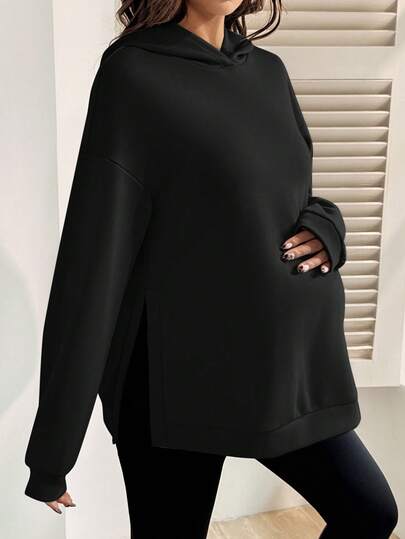SHEIN Casual Loose Solid Color Long Sleeve Hooded Maternity Sweatshirt Black Sweatshirt Women Long Sleeve Black Top Oversized Tops Oversized Sweatshirt Woman Maternity Clothes Fall Winter