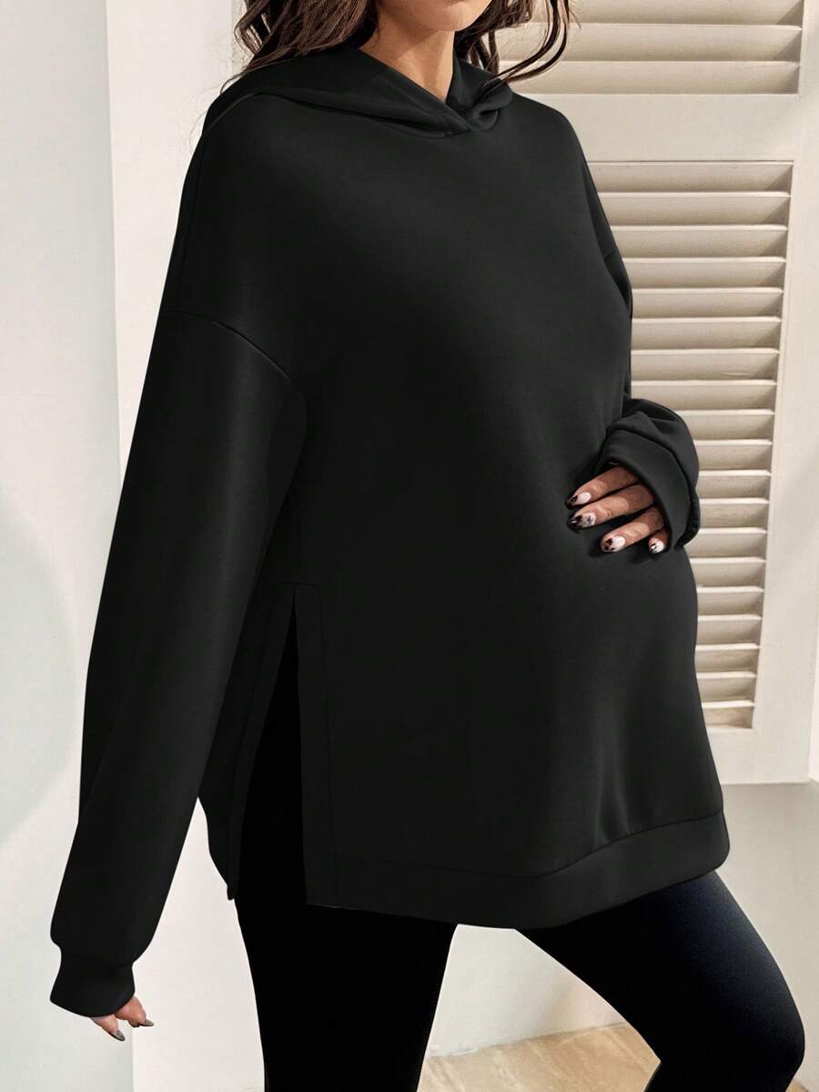 SHEIN Casual Loose Solid Color Long Sleeve Hooded Maternity Sweatshirt Black Sweatshirt Women Long Sleeve Black Top Oversized Tops Oversized Sweatshirt Woman Maternity Clothes Fall Winter - Black - View 1
