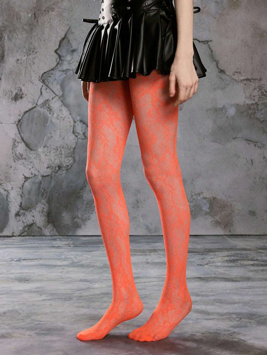 ROMWE Kawaii 1 Pair Sexy Floral Lace Fishnet Tights, Vintage Erotic Opaque Pantyhose, Thin And Stretchy Sheer Stockings