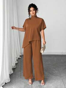 Elenzga Bộ 2 món áo cổ lọ tay ngắn viền bất đối xứng thời trang thường ngày cỡ lớn cho nữ + quần ống rộng trơn - Màu nâu  Mocha - Xem 6