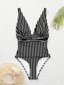 Women's Sexy Striped Deep V One-Piece Swimsuit (Random Print) - Black and White - View 5