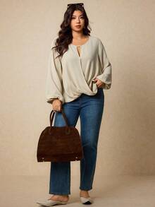 Elaquor Plus Size Women's Solid Color Keyhole Neck Lantern Sleeve Loose Blouse - Apricot - View 3