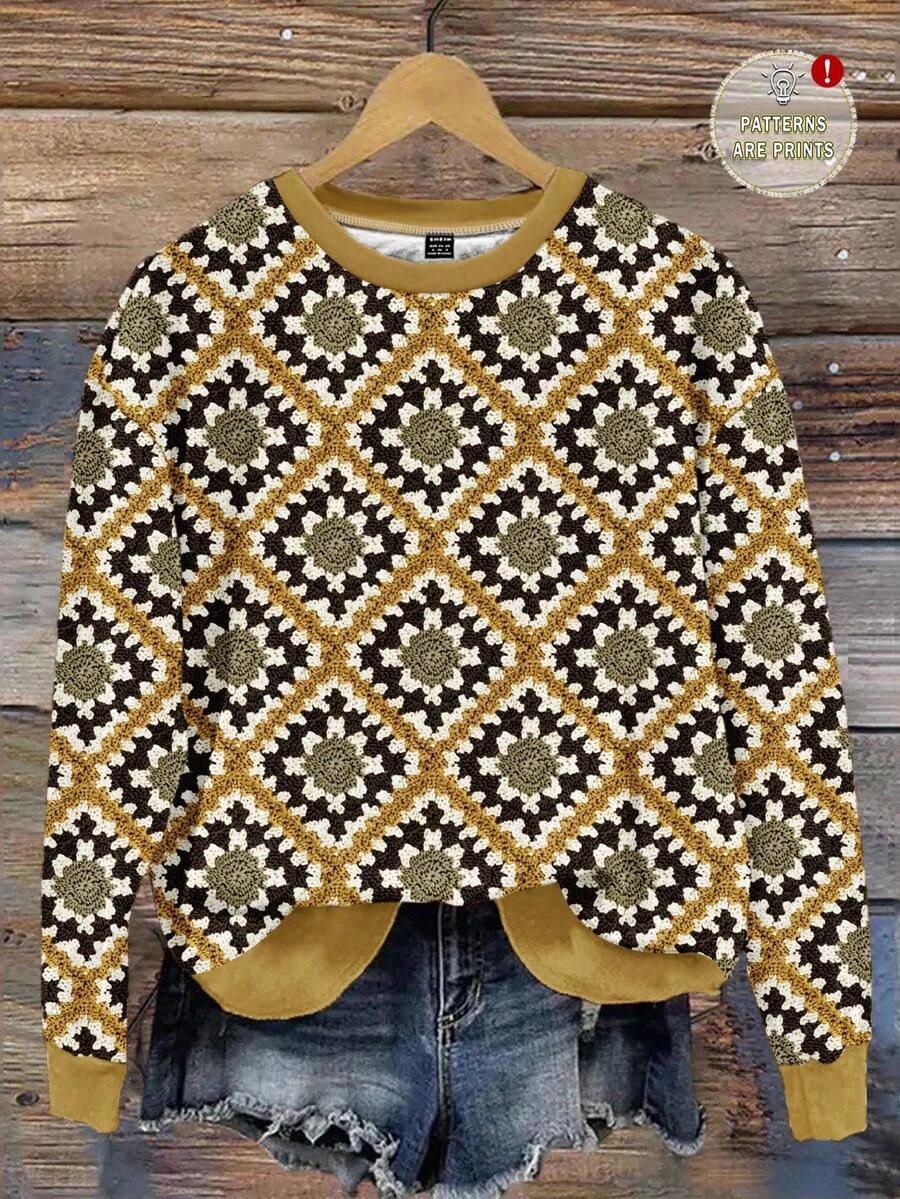 SHEIN LUNE 休闲简约几何提花针织全身印花圆领宽松女式运动衫，适合秋冬季